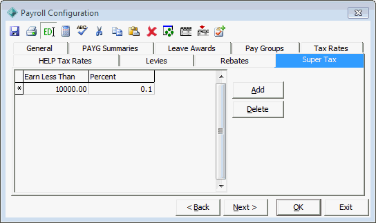 Payroll Configuration - Super Tax tab