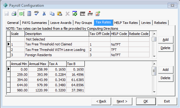 Payroll Configuration - Tax Rates tab