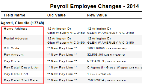 Payroll Employee Changes report