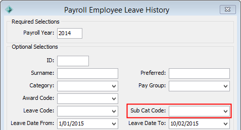 Payroll employee history window (Sub Cat Code)