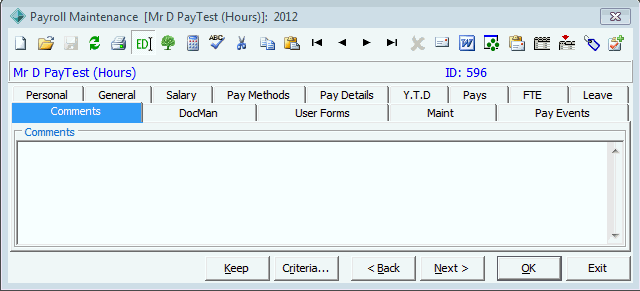 Payroll Maintenance - Comments tab