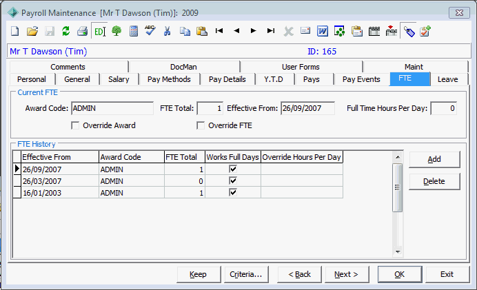 Payroll Maintenance - FTE tab