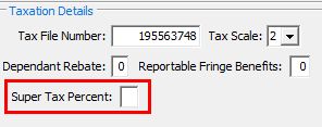 Payroll Employee Maintenance - General tab (cut down, taxation details area, super tax percent highlighted)