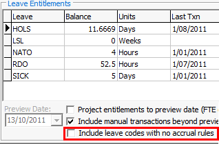 Payroll Employee Maintenance - Leave tab (cut down, includ eleave codes with no taccrual values highlighted)