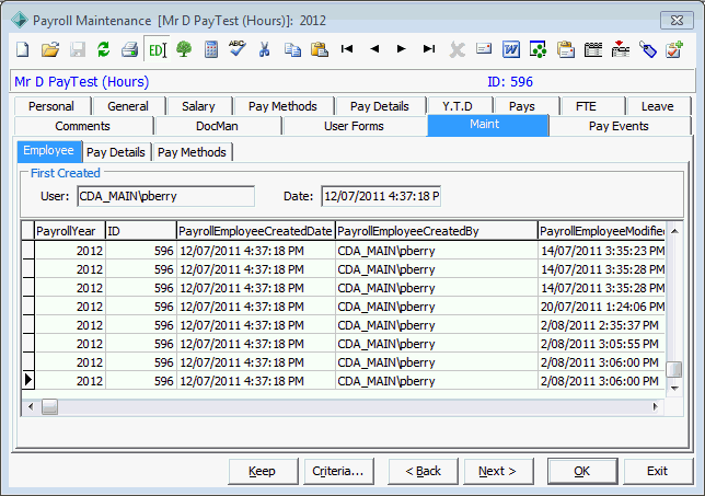 Payroll Maintenance - Maint tab