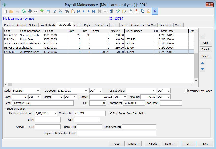 Payroll Maintenance - Pay Details tab