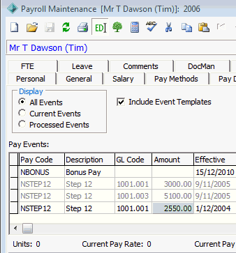 Payroll Employee Maintenance - Pay Events tab (cut down)