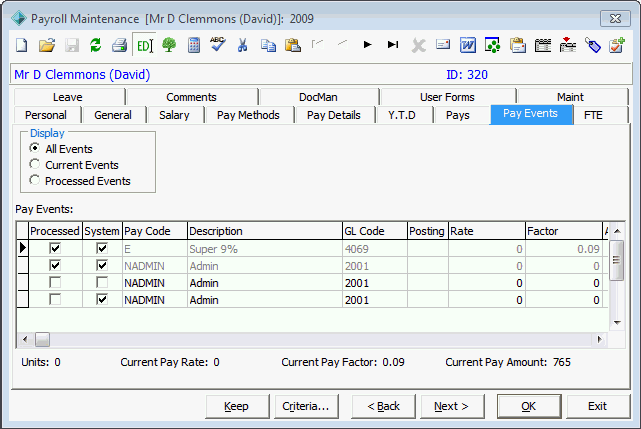 Payroll Employee Maintenance - Pay Events tab
