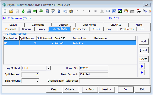 Payroll Maintenance - Pay Methods tab