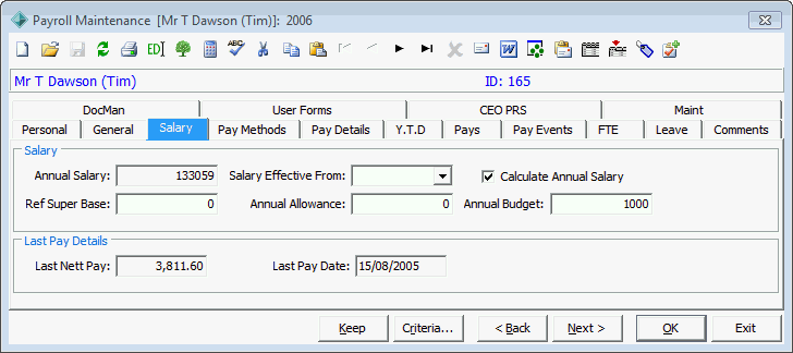 Payroll Maintenance - Salary tab