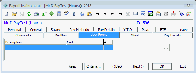 Payroll Maintenance - User Forms tab