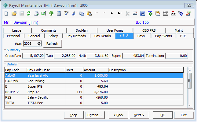 Payroll Maintenance - Y.T.D tab