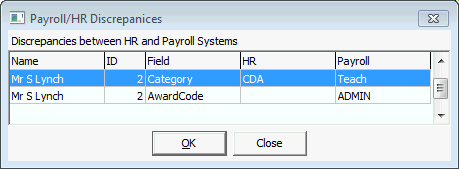 Payroll HR Discrepancies window (corrected discrepancy gone)