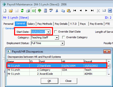 Payroll HR Discrepancies window (selected field highlighted)
