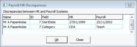 Payroll HR Discrepancies window
