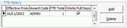 Payroll Maintenance - FTE tab (FTE hisory area, cut down)