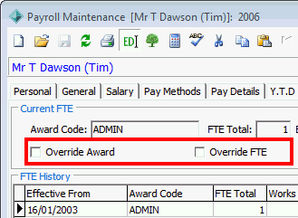 Payroll Maintenance - FTE tab Current FTE area, cut down, overried fields highlighted)