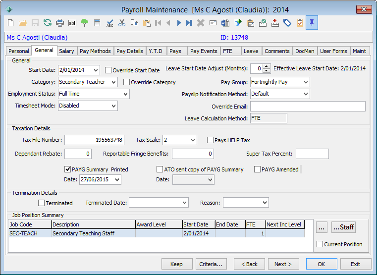 Payroll Maintenance - General tab