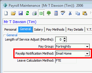 Payroll Maintenance - General tab (general area, cut down, noification method highlighted)