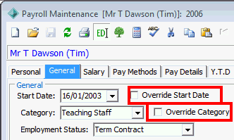 Payroll Maintenance - General tab (general area, cut down, overried fields highlighted)