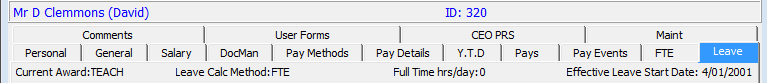 Payroll Maintenance - Leave tab (Fields, excluding Show Filters field)