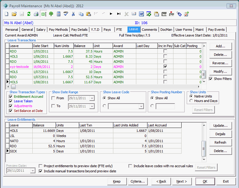 Payroll Maintenance - Leave tab