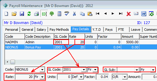 Payroll Maintenance - Pay Details tab (cut down)