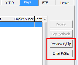 Payroll Maintenance - Pays tab (cut down, preview buttons highlighted)