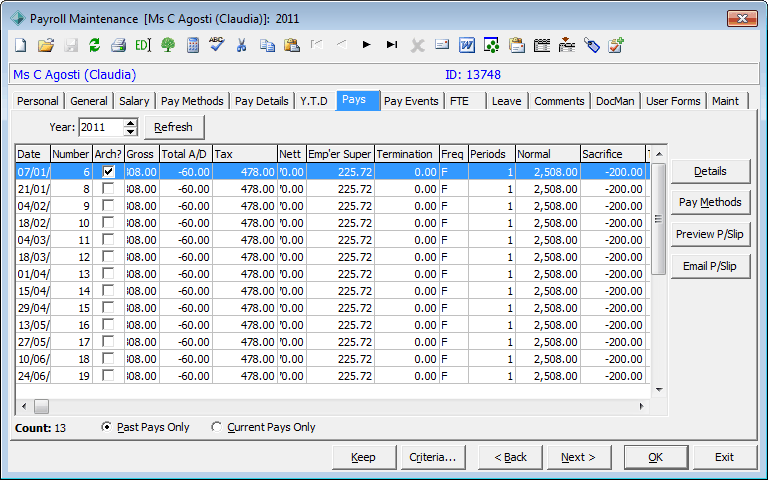 Payroll Maintenance - Pays tab