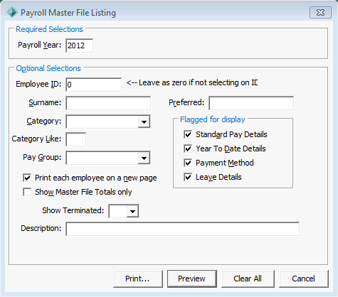 Payroll Master File Listing window