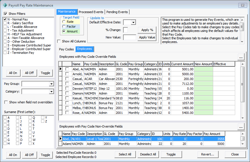 Payroll Pay Rate Maintenance - Employees tab