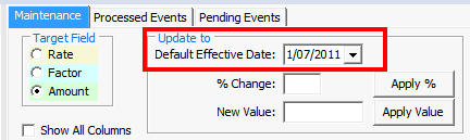 Payroll Pay Rate Maintenance - Maintenance tab (cut down, Default Effective Date highlighed)
