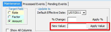 Payroll Pay Rate Maintenance - Maintenance tab (cut down, New Value highlighed)
