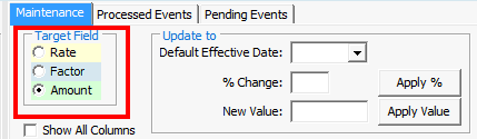 Payroll Pay Rate Maintenance - Maintenance tab (cut down, Target Field highlighed)