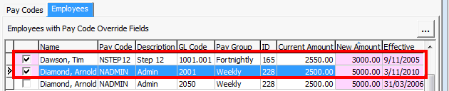 Payroll Pay Rate Maintenance - Maintenance tab - Employees sub-tab (cut down, Pay Code selection highlighed)