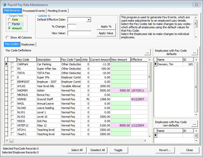 Payroll Pay Rate Maintenance - Maintenance tab - Pay Codes sub-tab