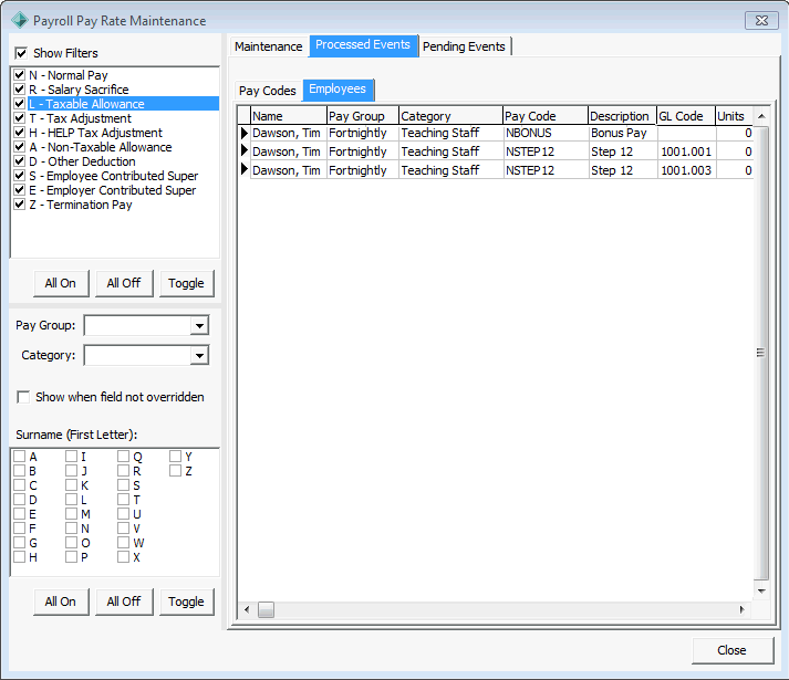 Payroll Pay Rate Maintenance - Processed Events tab - Employees sub-tab