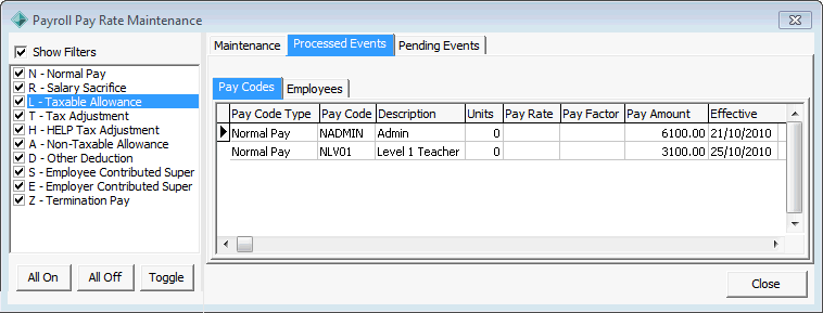 Payroll Pay Rate Maintenance - Processed Events tab - Pay Codes sub-tab