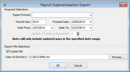 Payroll Superannuation Export window