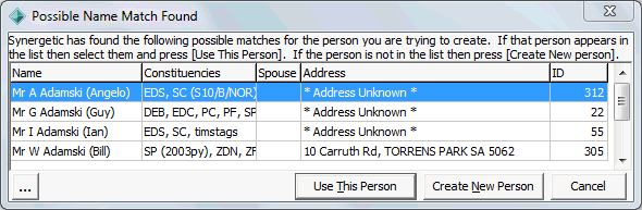 Possible Name Match Found window