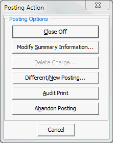 Posting Actions window (Debtor charges entry)