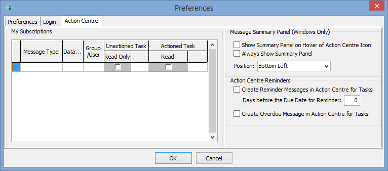 Preferences window - Action centre tab
