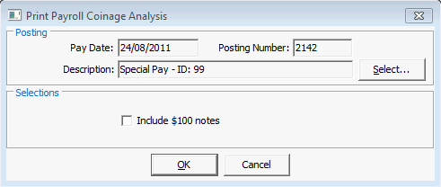 Print Payroll Coinage Analysis window
