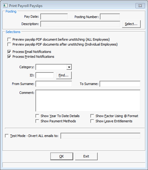 Print Payroll Payslips window