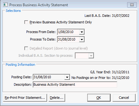 Process Business Activity Statement window