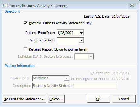 Process Business Activity Statement window