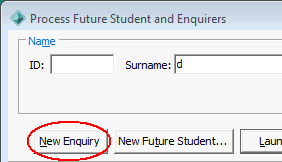 Process Future Student and Enquirers window (New Enquiry button)