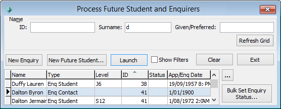 Process Future Student and Enquirers window