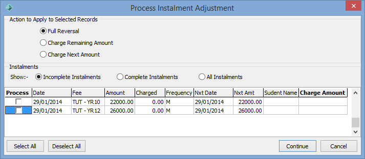 Process Instalment Adjustments window