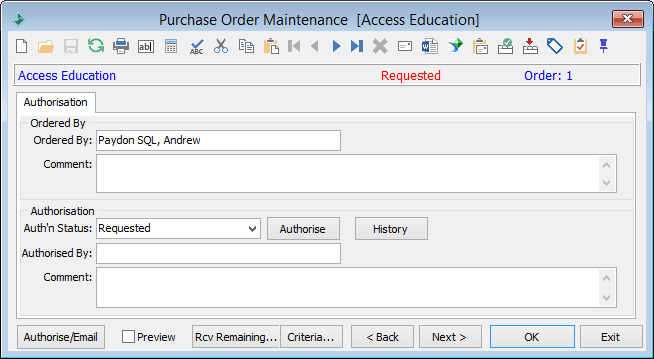 Purchase Order Maintenance - Authorisation tab